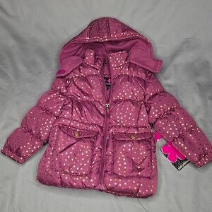 Girls Burgendy/Wine Color  Puffer Jacket with Gold Polka Dots. New